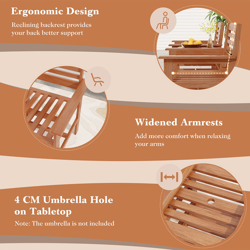 Costway 2 Seater Outdoor Patio Loveseat with Coffee Table and Umbrella Hole Image 6
