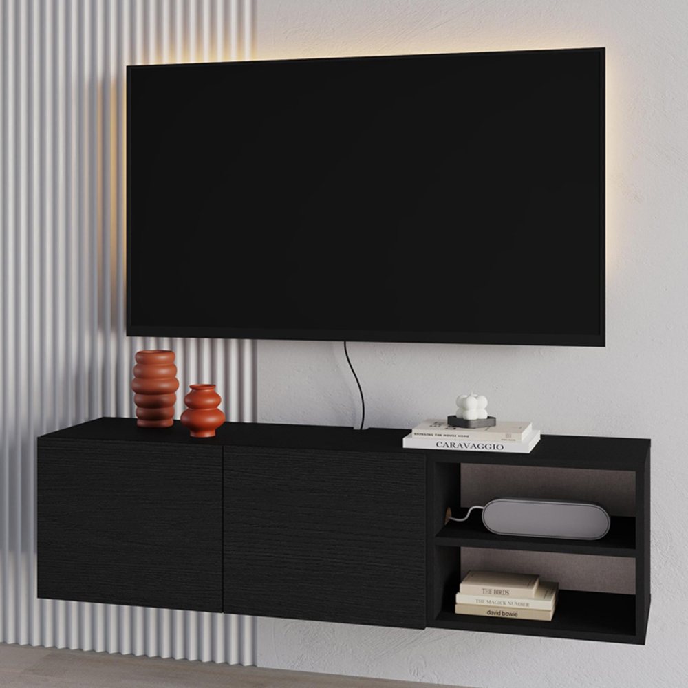 Decortie Conrad 2 Door 2 Shelf Black Wood TV Unit Image 1