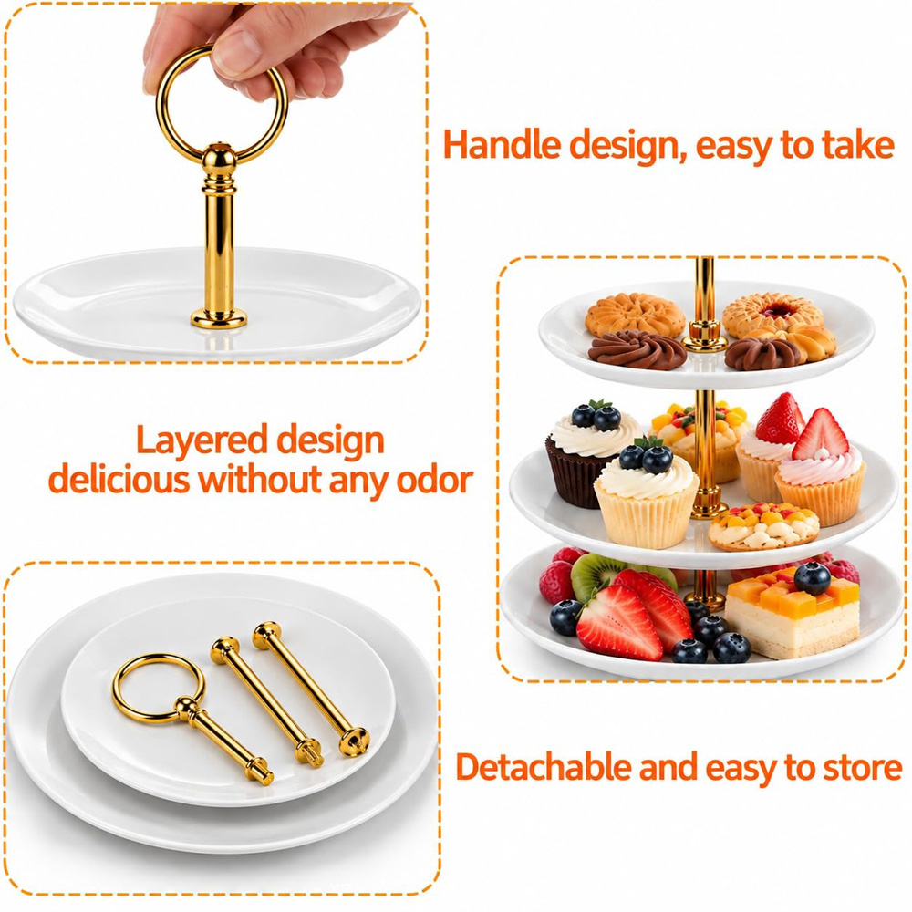 ATEK 3-Tier Ceramic Cake Serving Stand with Gold Handle Image 3