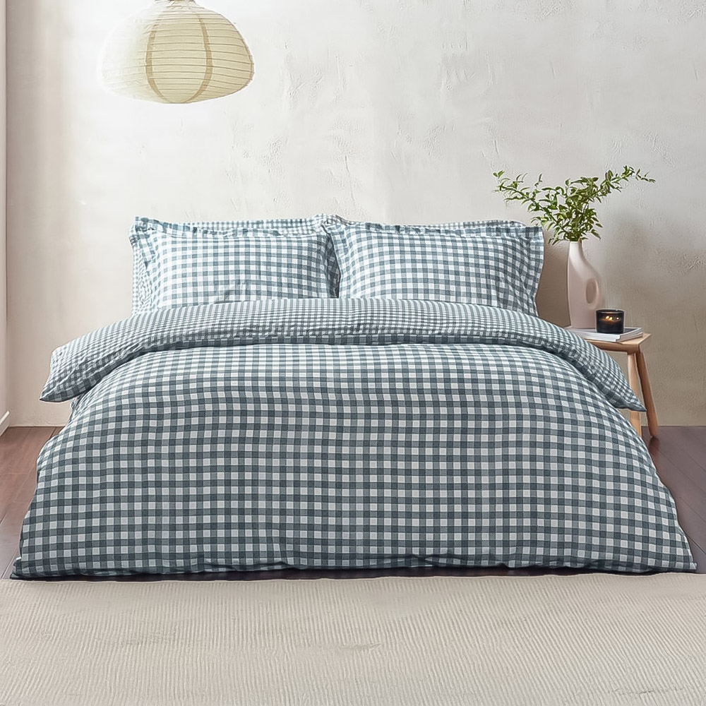 Yard Barton Single Navy Check Printed 144 Thread Count Duvet Cover and Pillowcase Set Image 1