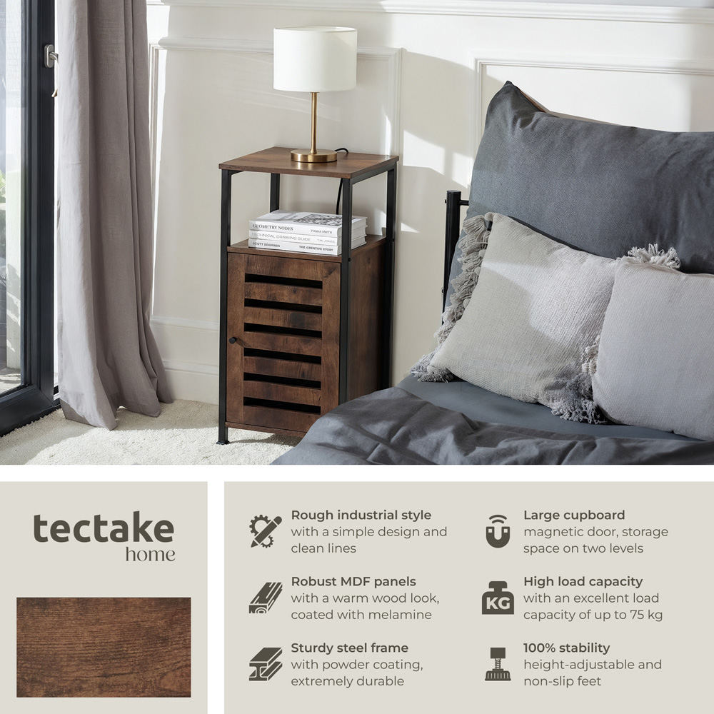 Tectake Durham Single Door Single Shelf Rustic Dark Wood Bedside Table Image 3
