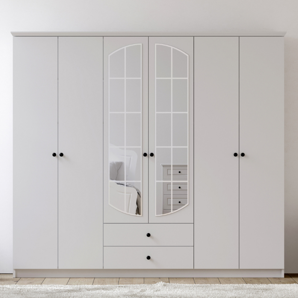 Evu ECU 6 Door 2 Drawer White XL Mirror Wardrobe Image 1