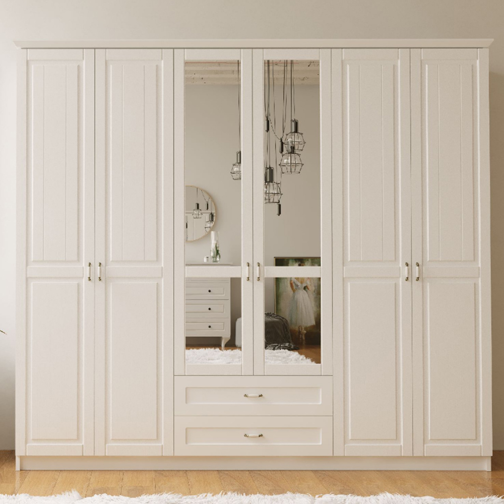 Evu Charlotte 6 Door 2 Drawer White Mirror Wardrobe Image 1