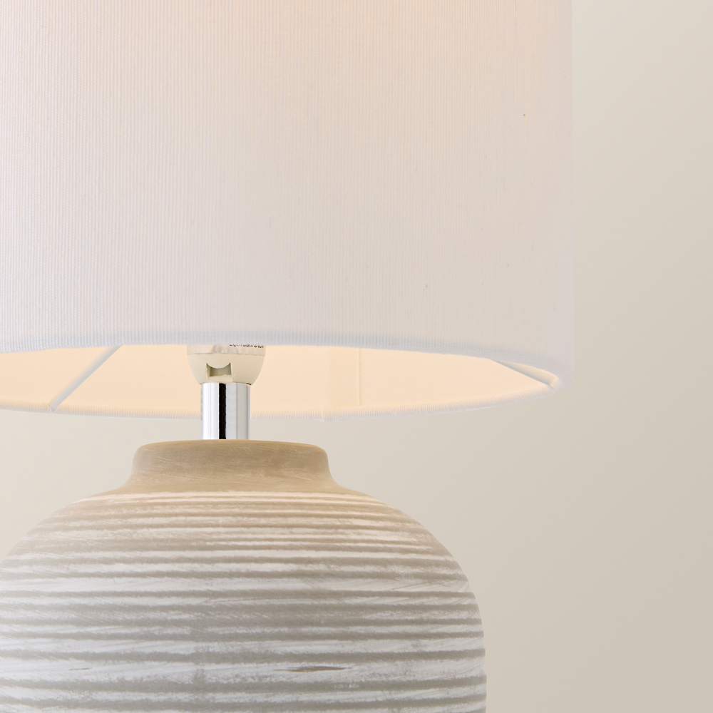 ValueLights Reid Linen Drum Lamp Shade Stone Grey Ribbed Ceramic Small LED Table Lamp Image 4