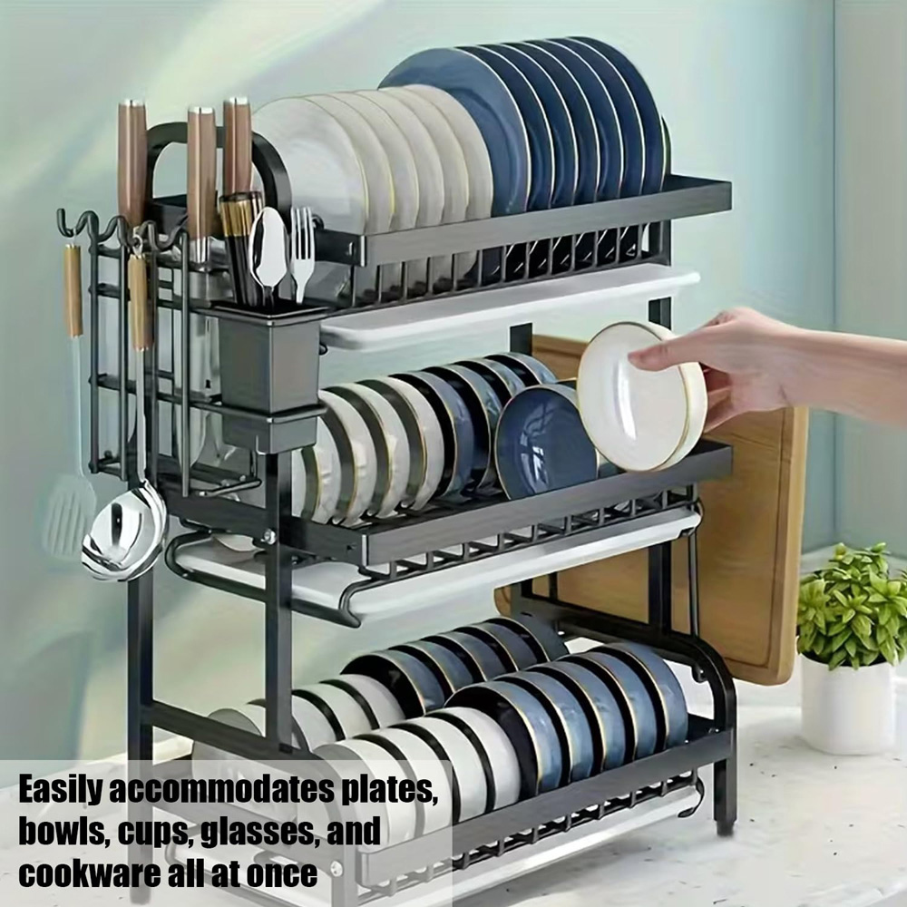 ATEK 3-Tier White Dish Drying Rack with Drip Tray Image 5