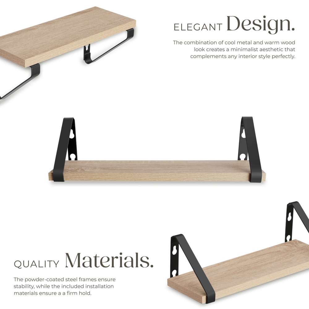 tectake Oak Wall Shelf with Decorative Metal Bracket Set of 3 Image 3