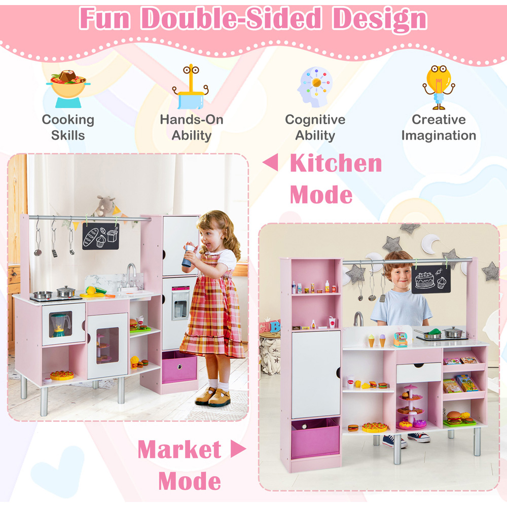 Costway Kids Pink 2 in 1 Kitchen and Market Play Set Image 8