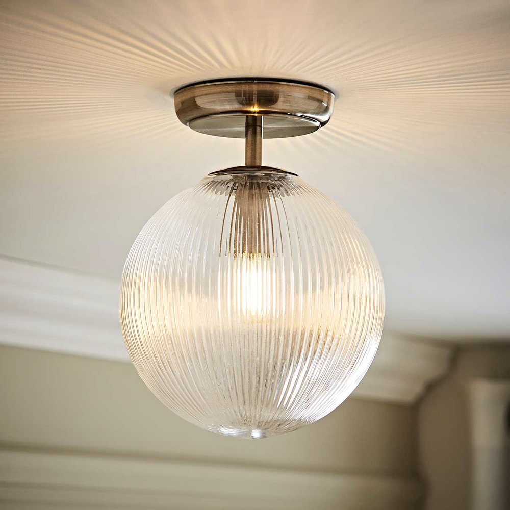 ValueLights Kempton Brushed Chrome Ribbed Globe Shade Flush Ceiling Light with Bulb Image 6