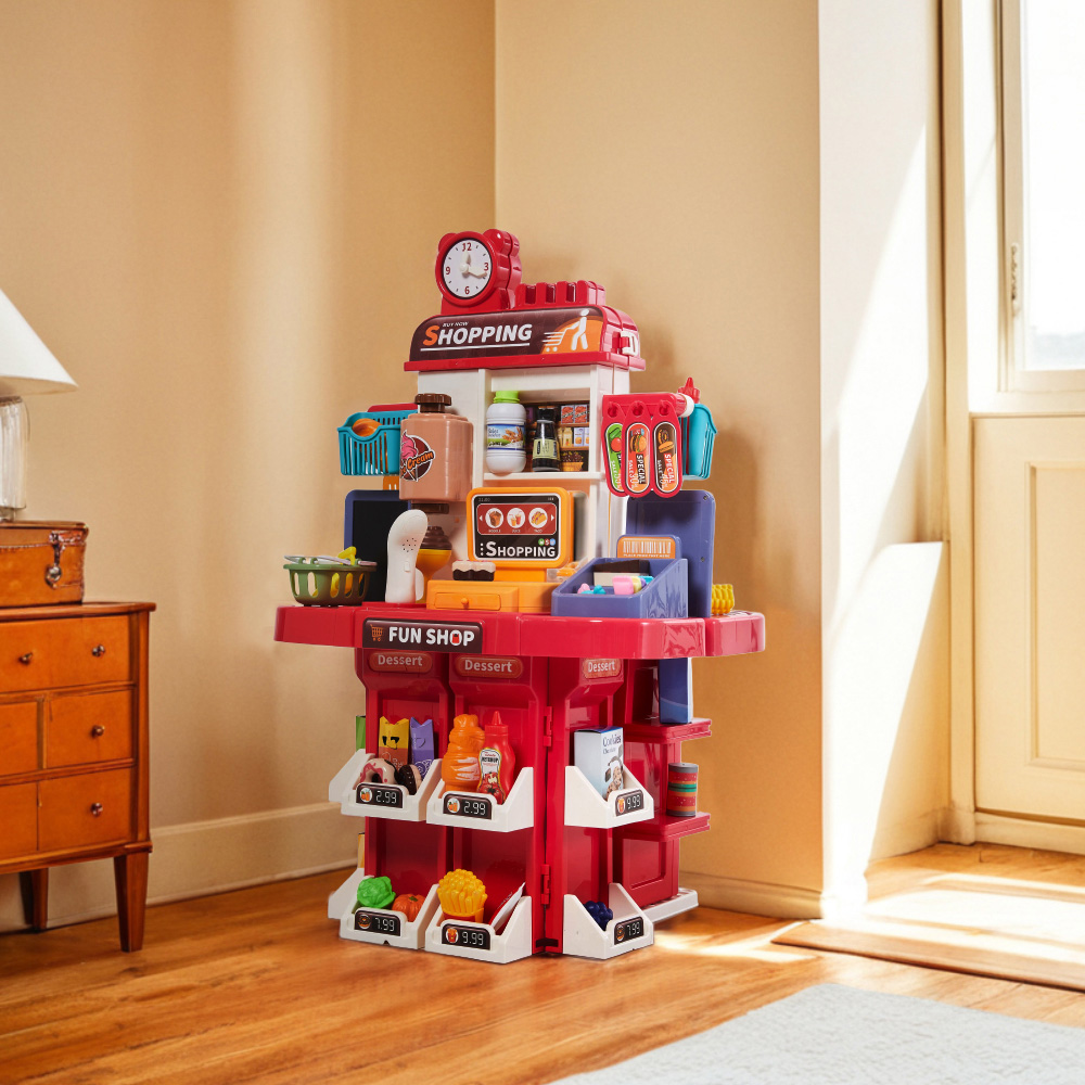 H&O Direct 2-in-1 Kids Red Kitchen Supermarket Pretend Playset Image 2