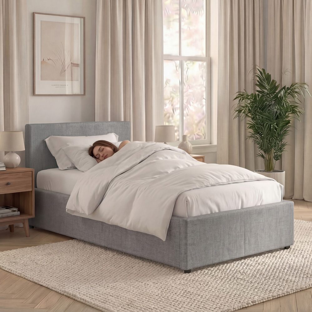 VIDA DESIGNS Veronica Single Light Grey Linen Ottoman Bed with Padded Headboard Image 4