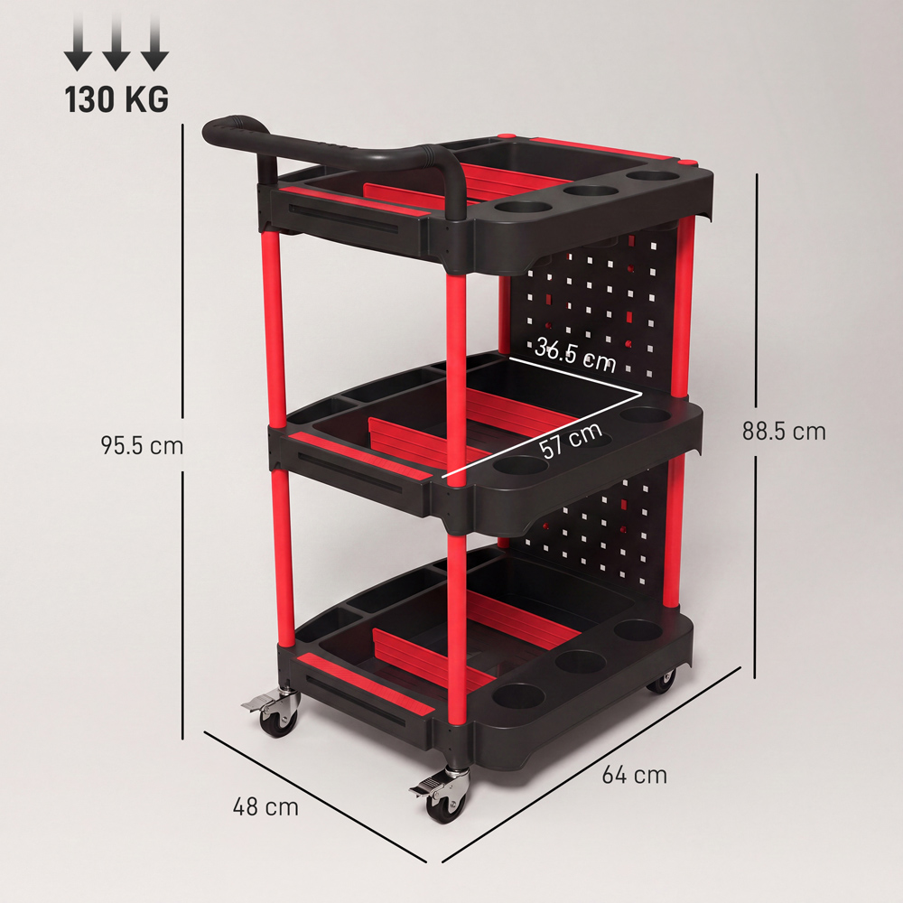 HOMCOM 3-Tier Black and Red Rolling Tool Cart with Pegboard and Hooks Image 9