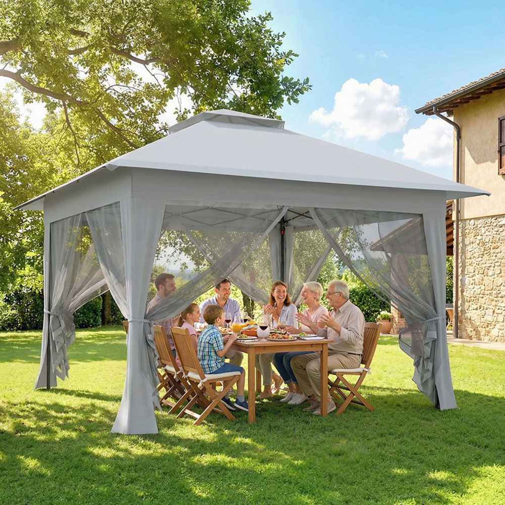 Outsunny 3 x 3m 2-Tier Grey Pop Up Gazebo with Mesh Curtains Image 1