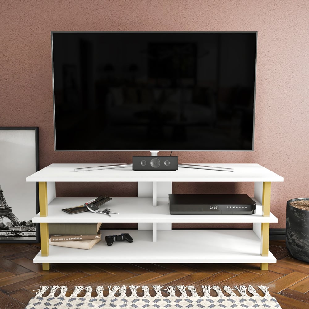 Decorotika Pueblo 4 Open Shelf Gold and White Wide TV Unit Image 4