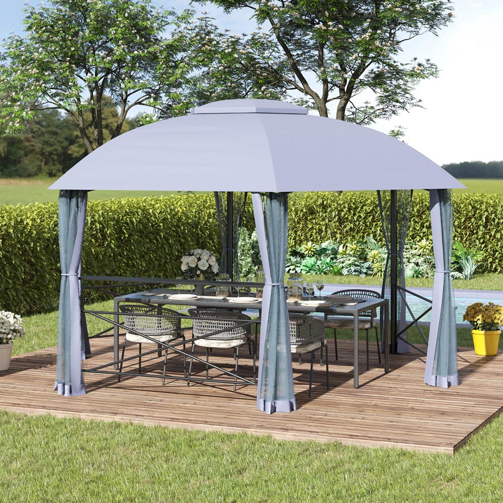 Outsunny 4 x 4.7m Grey Steel Frame 2 Tier Roof Gazebo with Mesh Curtains Image 1