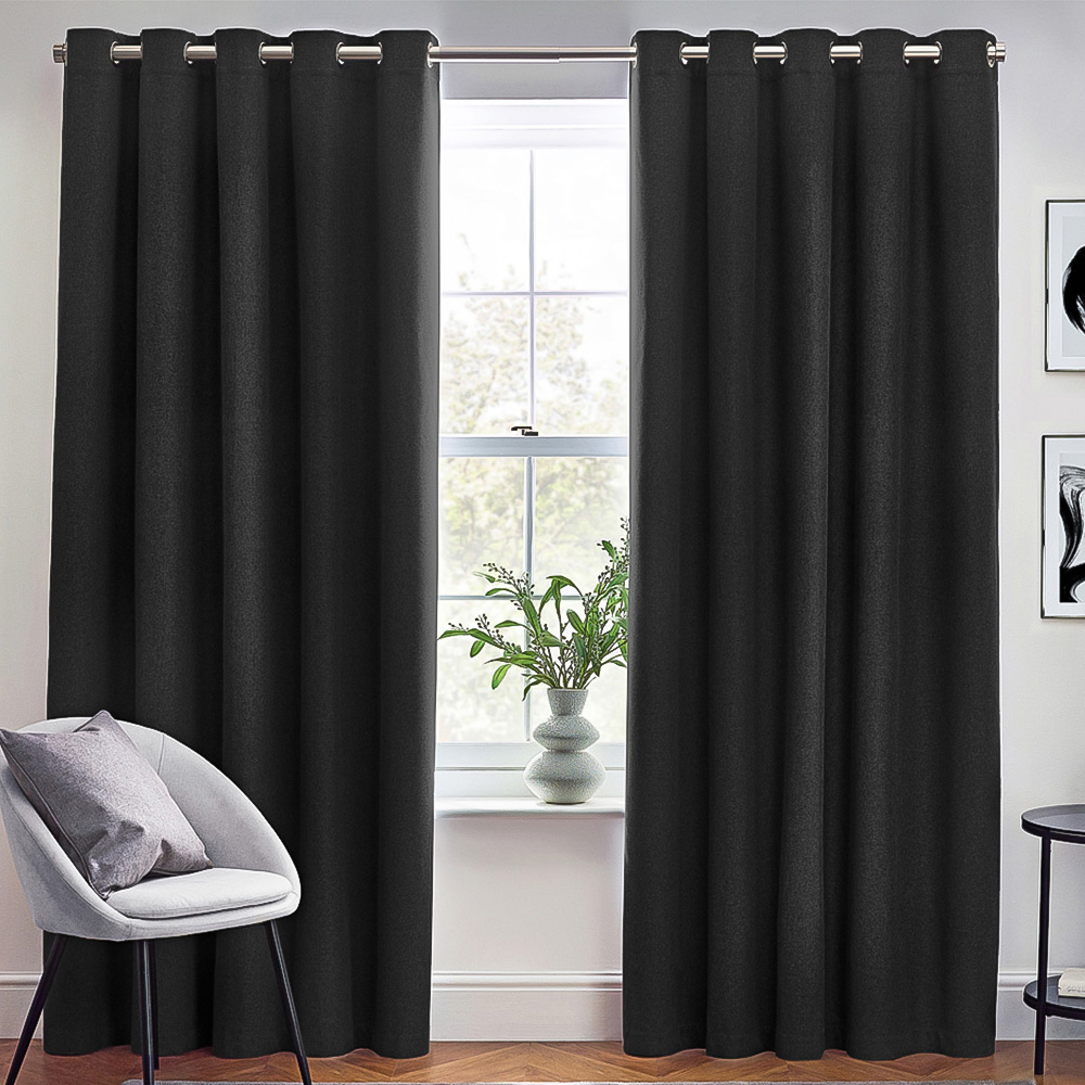 furn. Dawn Black Textured Blackout Eyelet Curtains 168 x 183cm Image 1