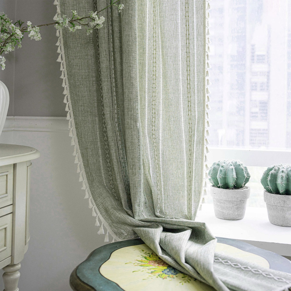 Living and Home Light Green Boho Tassel Faux Linen Curtain 132 x 260cm Image 7