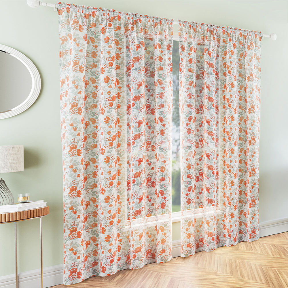 Tyrone Textiles Mia Burnt Orange Floral Print Sheer Rod Pocket Voile Panel Curtains 140 x 229cm Image 1