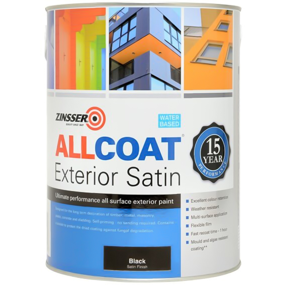 Zinsser Allcoat Black Water Based Exterior Satin Paint 5L Image 2