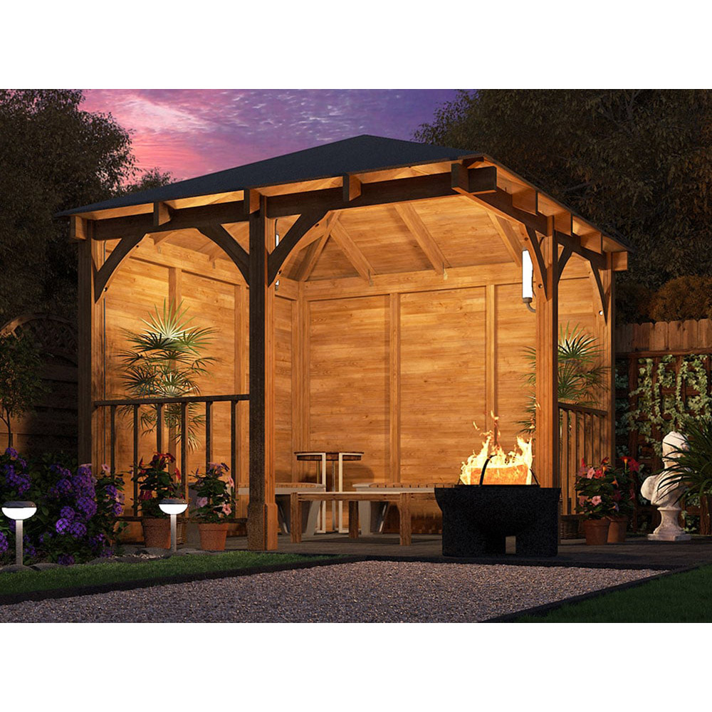Dunster House Leviathan 3 x 3m Brown Corner Garden Gazebo with Wooden Roof Shingles Image 3