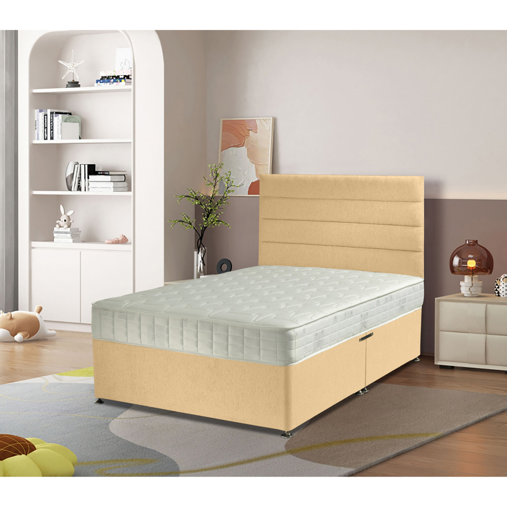 Eleganza Home Dozer Single Beige Plush Velvet Divan Bed with Lined Headboard Image 2
