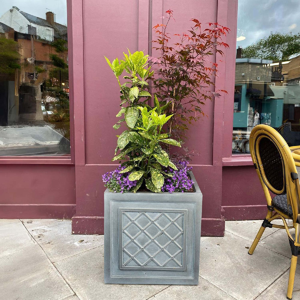 wilko Faux Lead Lattice Grey Light Fibrestone Square Outdoor Plant Pot 37cm Image 2