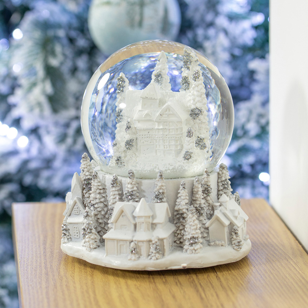 The Christmas Workshop Silver and White Towns Musical Snow Globe Decoration Image 7