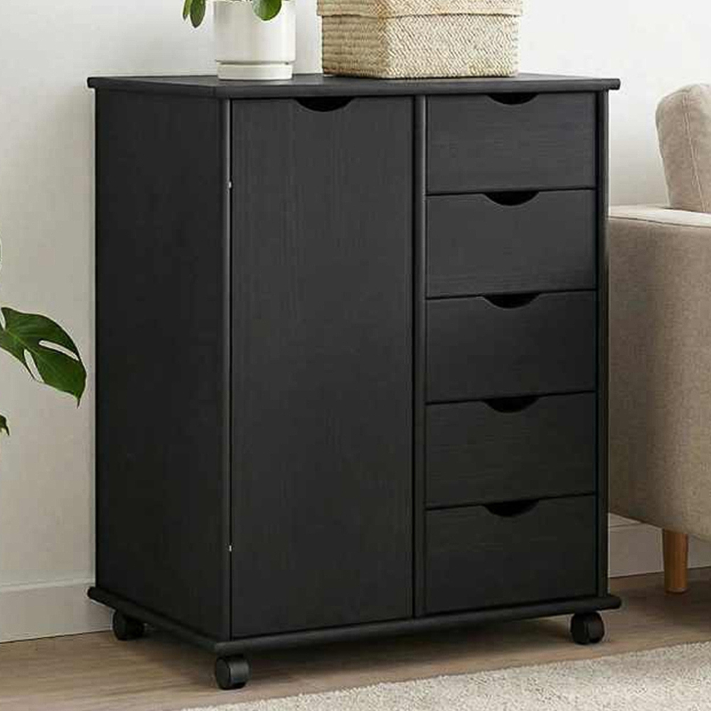vidaXL Single Door 5 Drawer Black Rolling Storage Cabinet Image 1