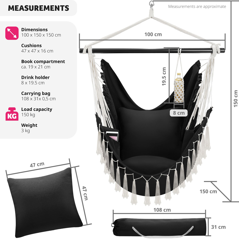 tectake Malika Black Hanging Chair 150kg Image 9