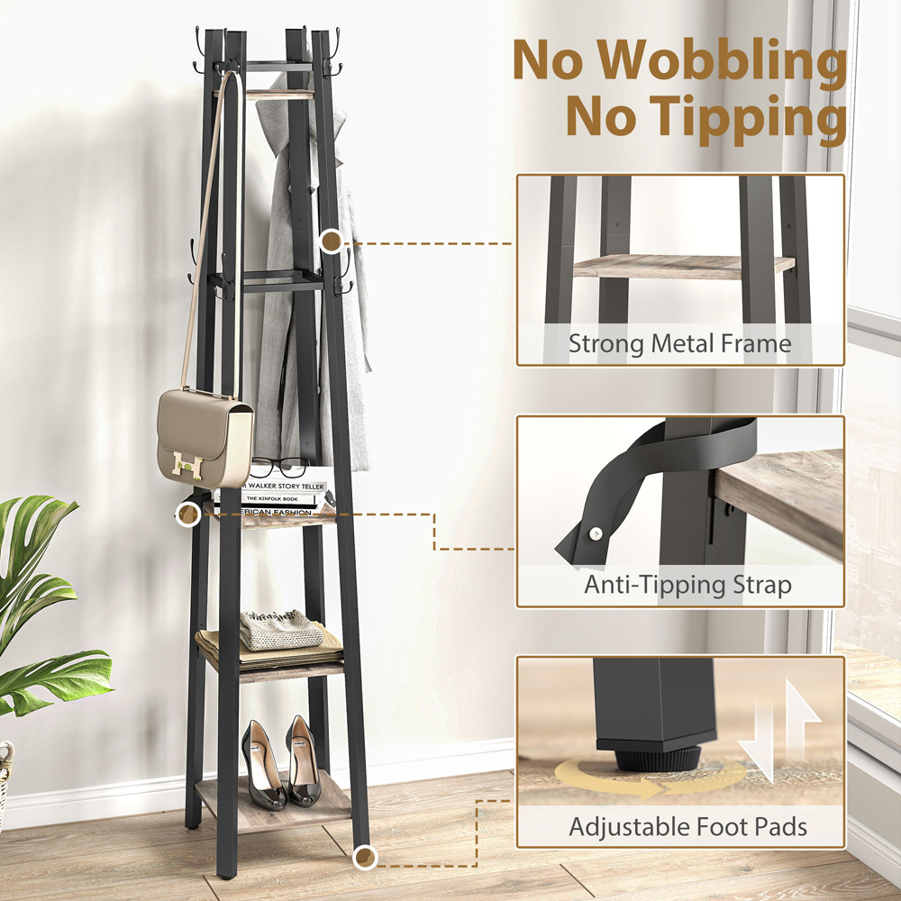 HOMCOM 4 Shelf 8 Hooks Grey Industrial Coat Stand Image 6