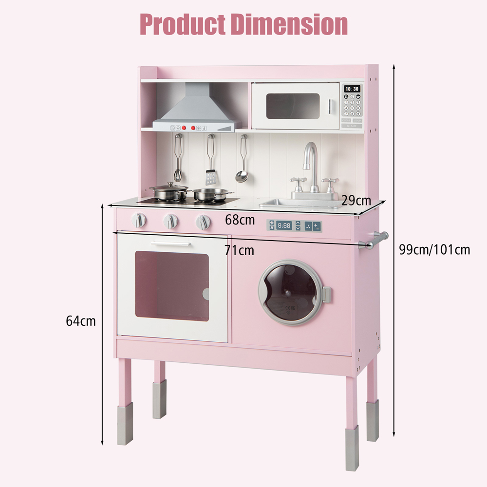 Costway Pink Kids Adjustable Wooden Kitchen Play Set with Washing Machine Image 7