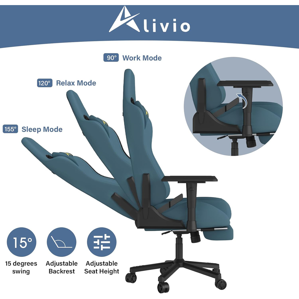 Alivio Blue Velvet Reclining Gaming Chair with Lumbar and Headrest Support Image 8