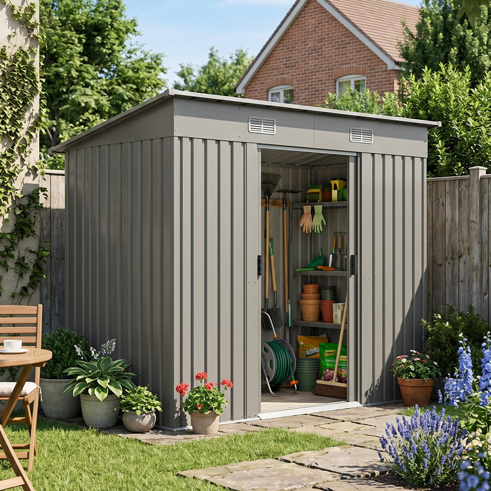 Living and Home 4 x 8ft Grey Metal Pent Garden Tool Shed with Foundation Image 7