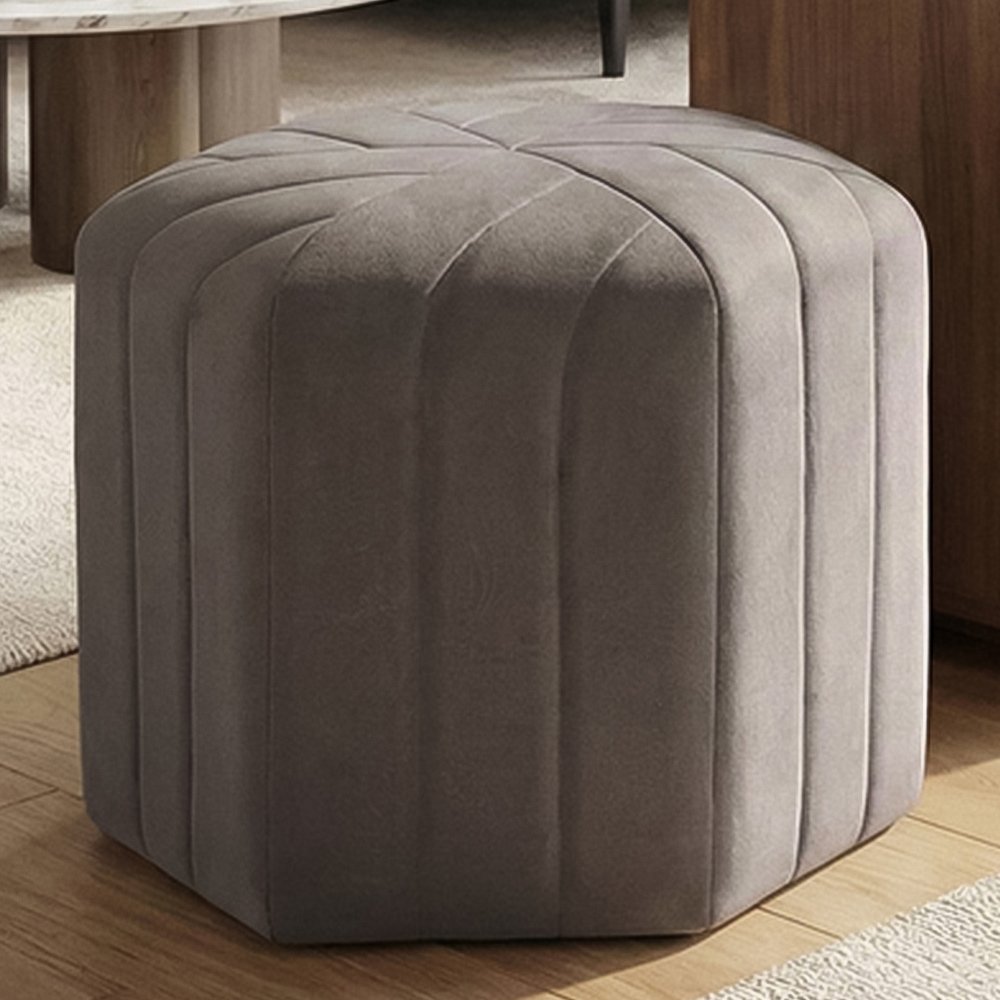 Living and Home Grey Minimal Hexagonal Velvet Footstool Ottoman with Stripes Image 1