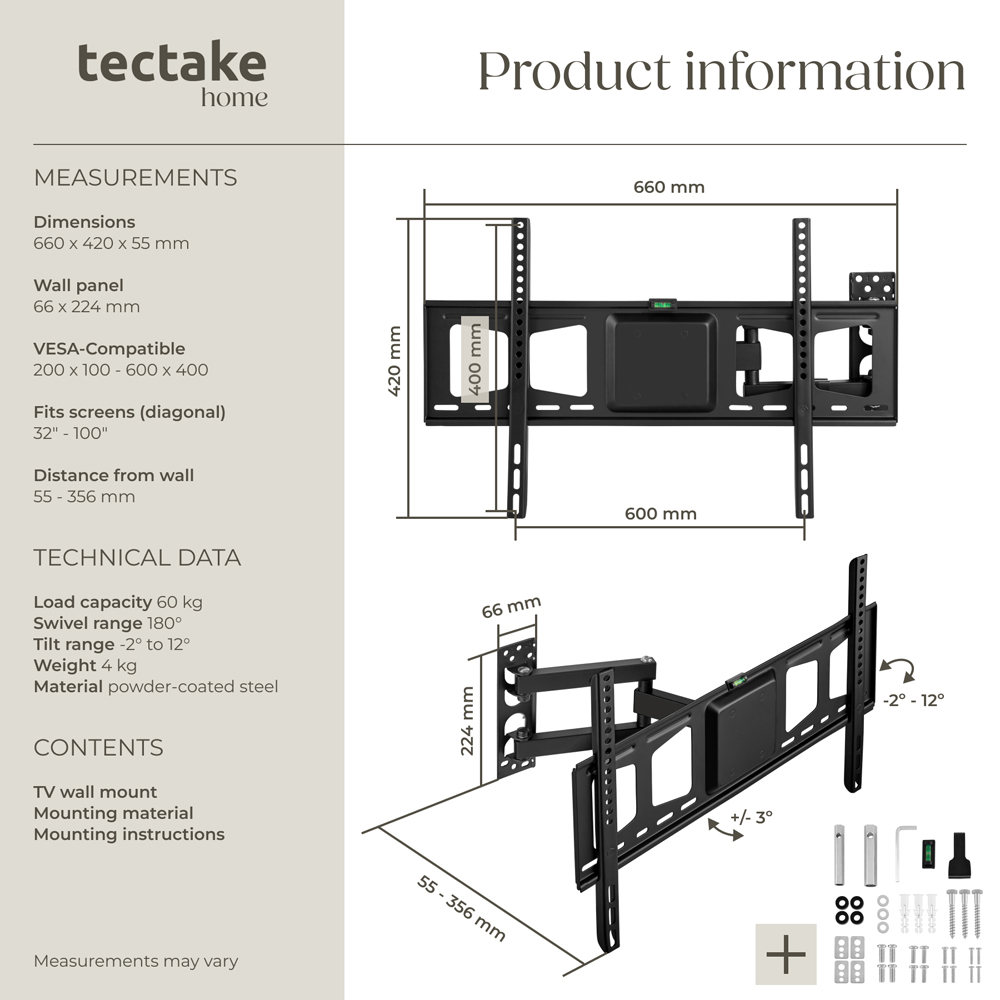 tectake 32 to 100inch Tiltable Extendable Swivel Wall Mount Flat TV Bracket Image 8