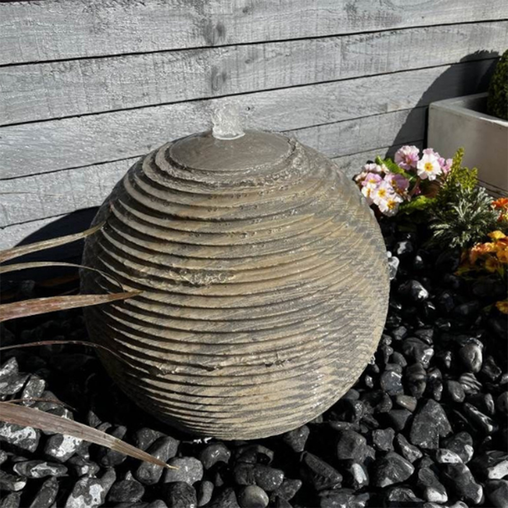 Tranquillity Black Sandstone Ribbed Sphere Solar Powered LED Water Feature Image 2
