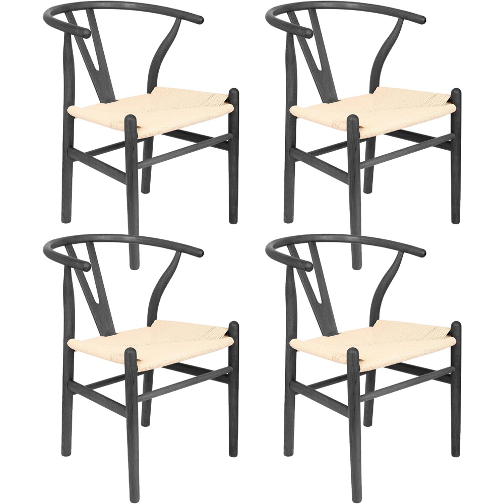Nicholas Winter Set of 4 Black and Natural Woven Rope Beech Wooden Wishbone Dining Chair Image 2