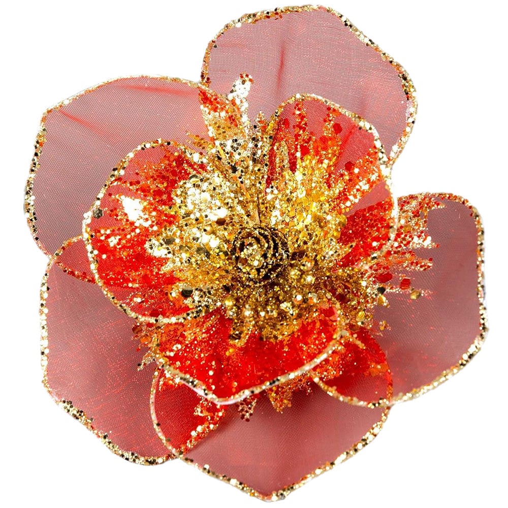 Shatchi Red and Gold Glitter Net Poinsettia Artificial Flower 6 Pack Image 1