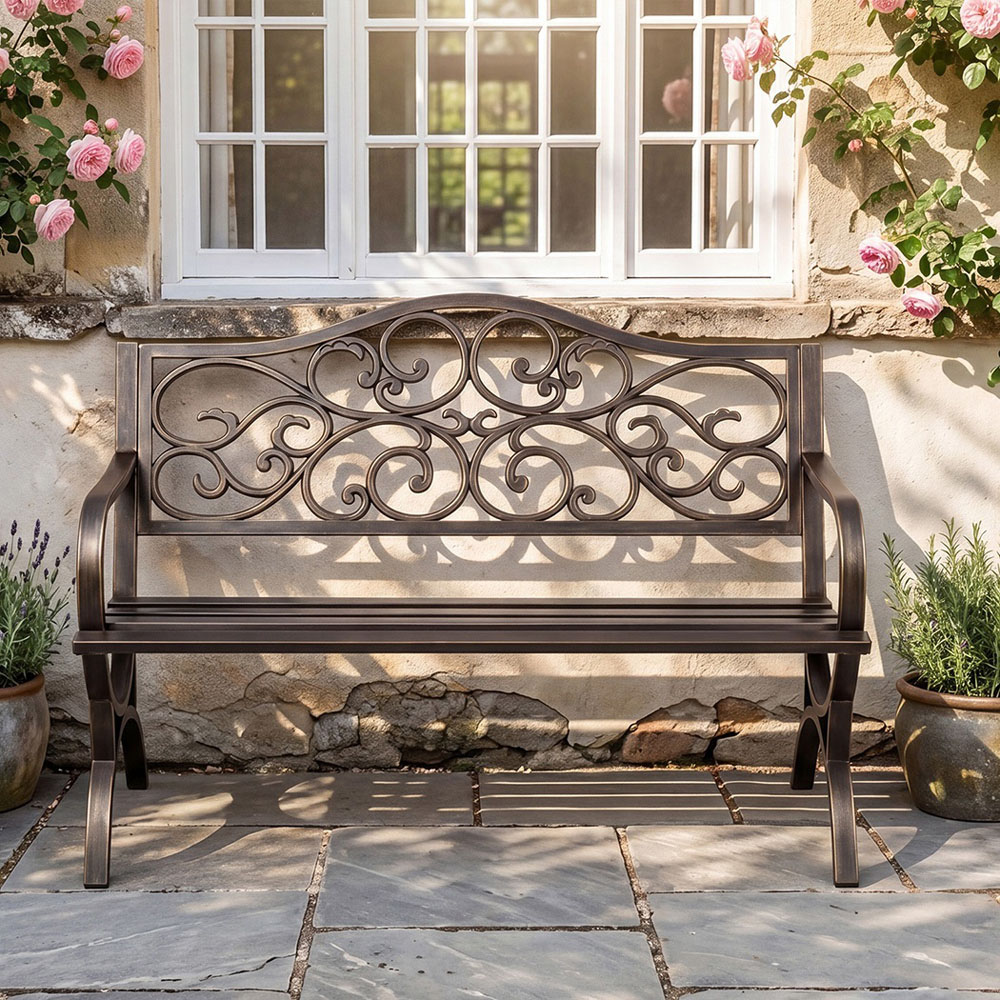 Levede 2-3 Seater Bronze Floral Metal Garden Bench Image 3