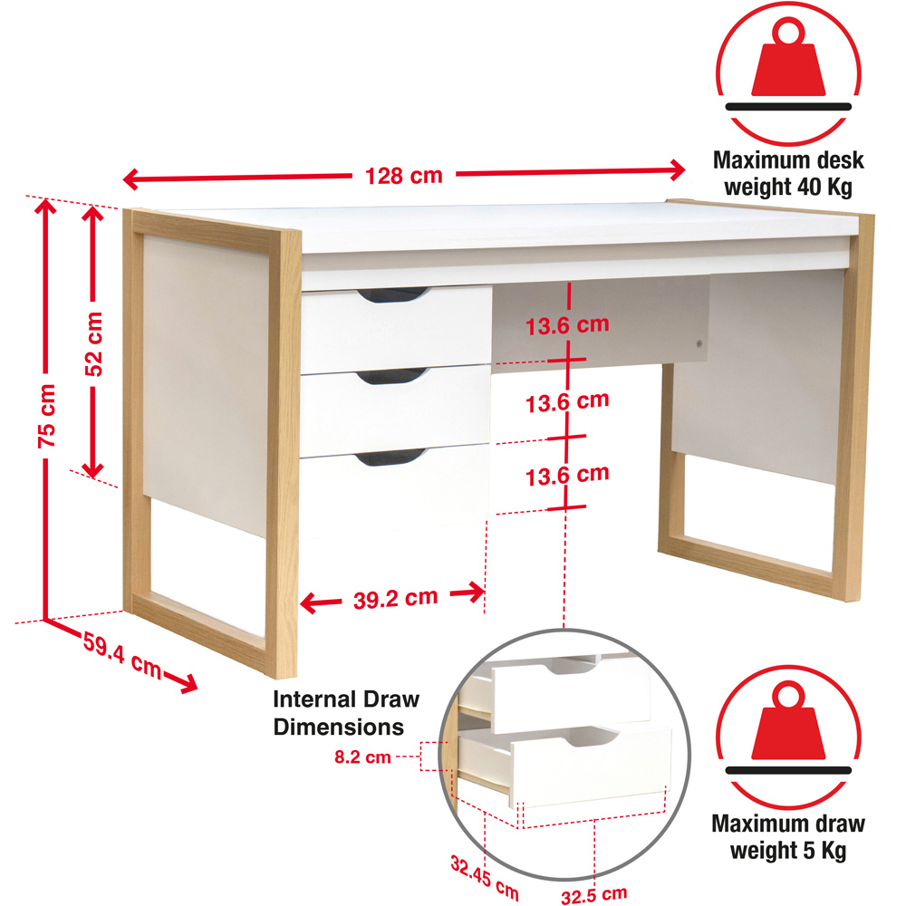 TTAP Alcarno White and Oak Effect 3 Drawer Office Computer Desk Image 7