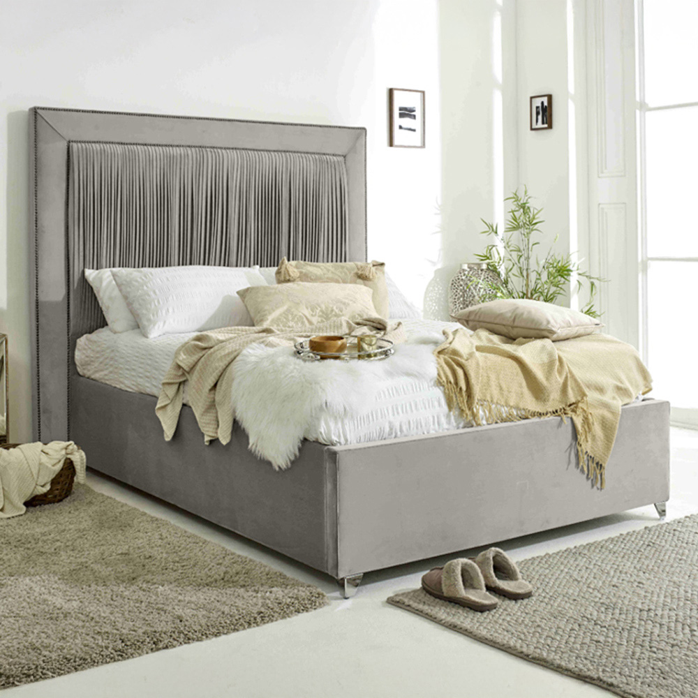 Eleganza Alexandra King Size Silver Plush Velvet Bed Frame with Pleated Headboard Image 1