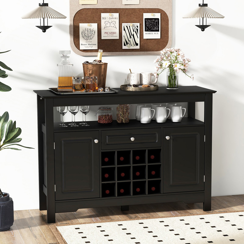 Costway Double Door Single Drawer Single Shelf Black Kitchen Cabinet with Removable Wine Rack Image 4