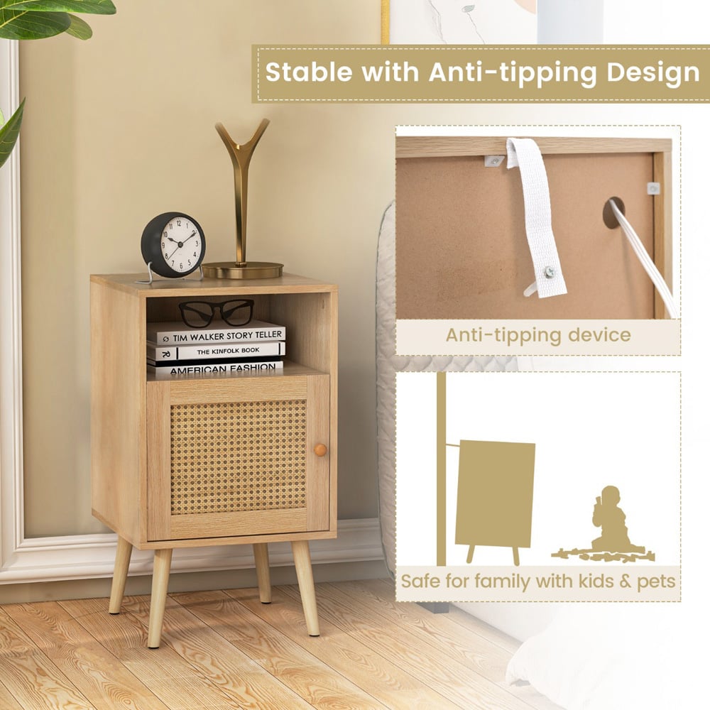 Costway Single Door Single Shelf Natural Rattan Nightstand Image 7