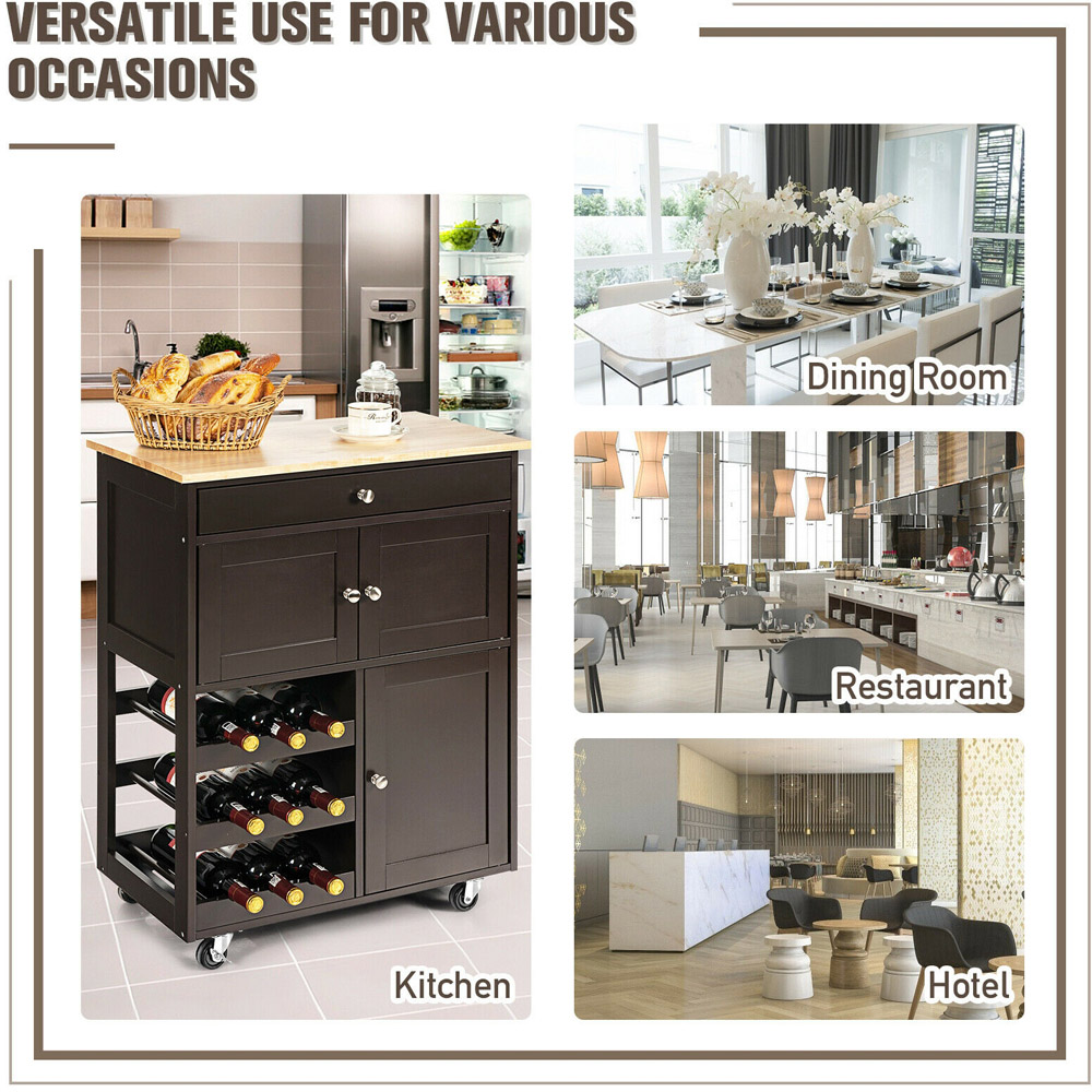 Costway 3 Door Single Drawer Brown Kitchen Trolley Cart Image 4