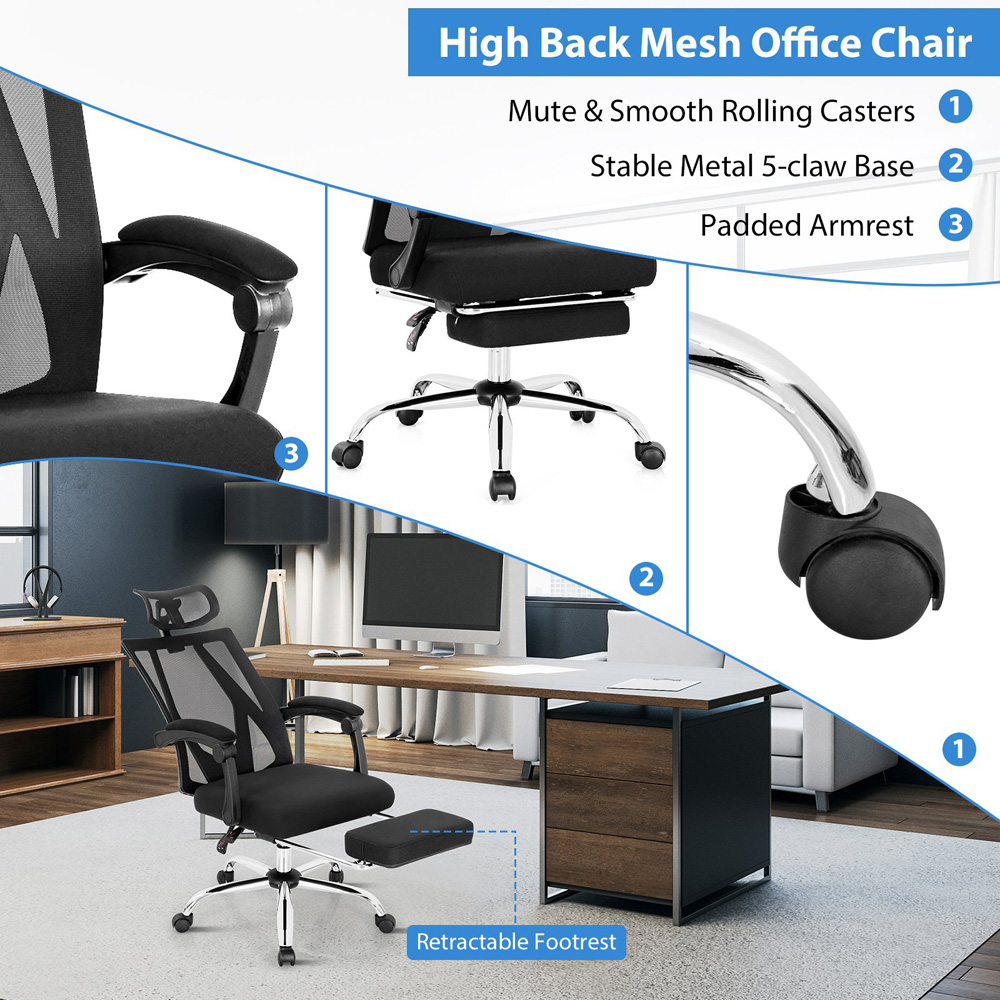 Costway Ergonomic Recliner Mesh Office Chair with Retractable Footrest Image 6