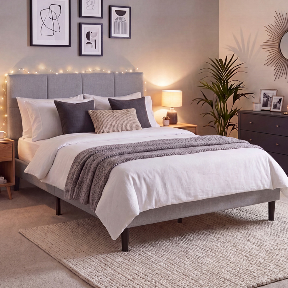 VIDA DESIGNS Velmora Double Light Grey Linen Fabric Bed Image 1