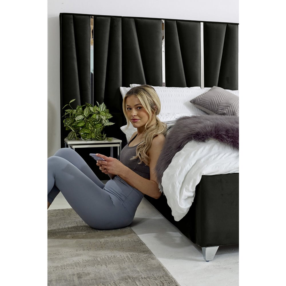 Eleganza Mila Small Double Black Plush Velvet Bed Frame with Lined Headboard Image 3
