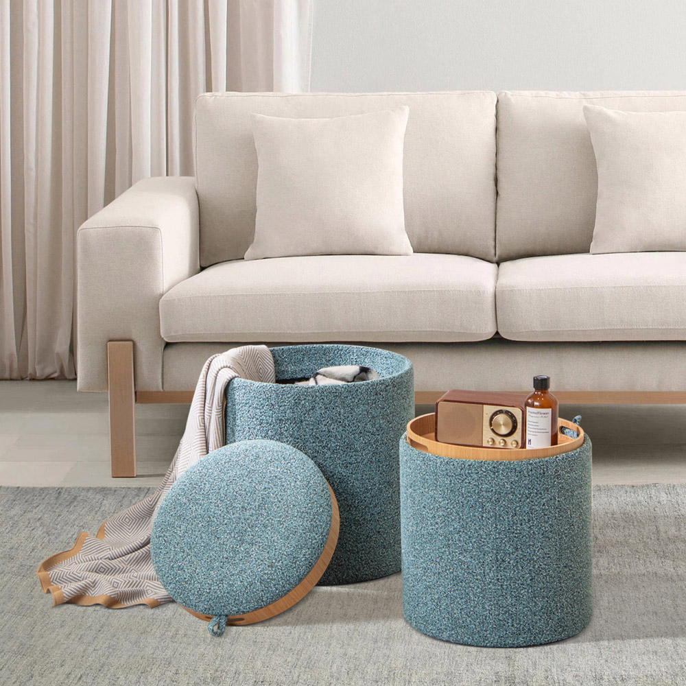Costway Blue Upholstered Storage Round Ottoman with Reversible Tray Set of 2 Image 5