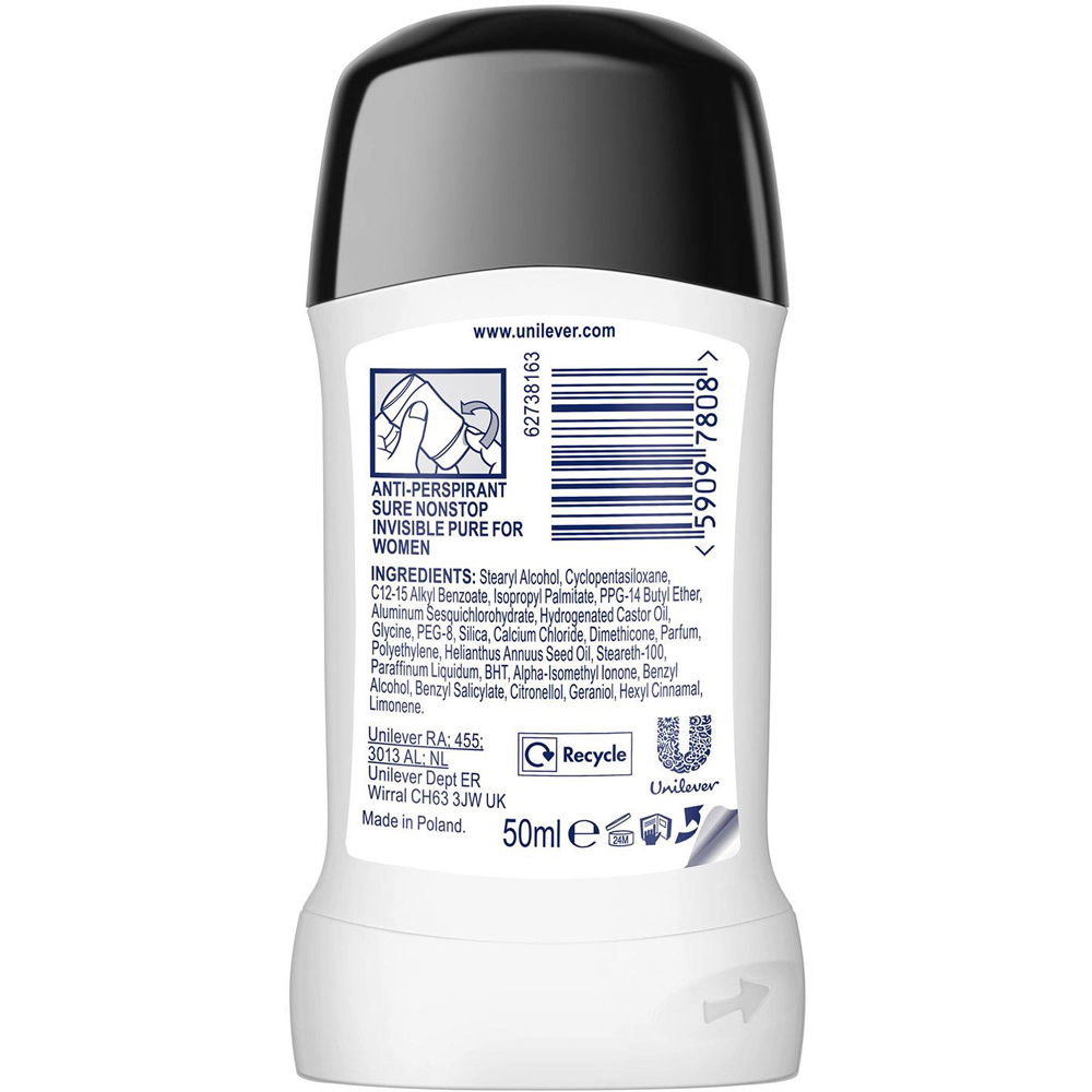 Sure Women Invisible Pure 72H Nonstop Protection Anti-Perspirant Stick 50ml 24 Pack Image 3