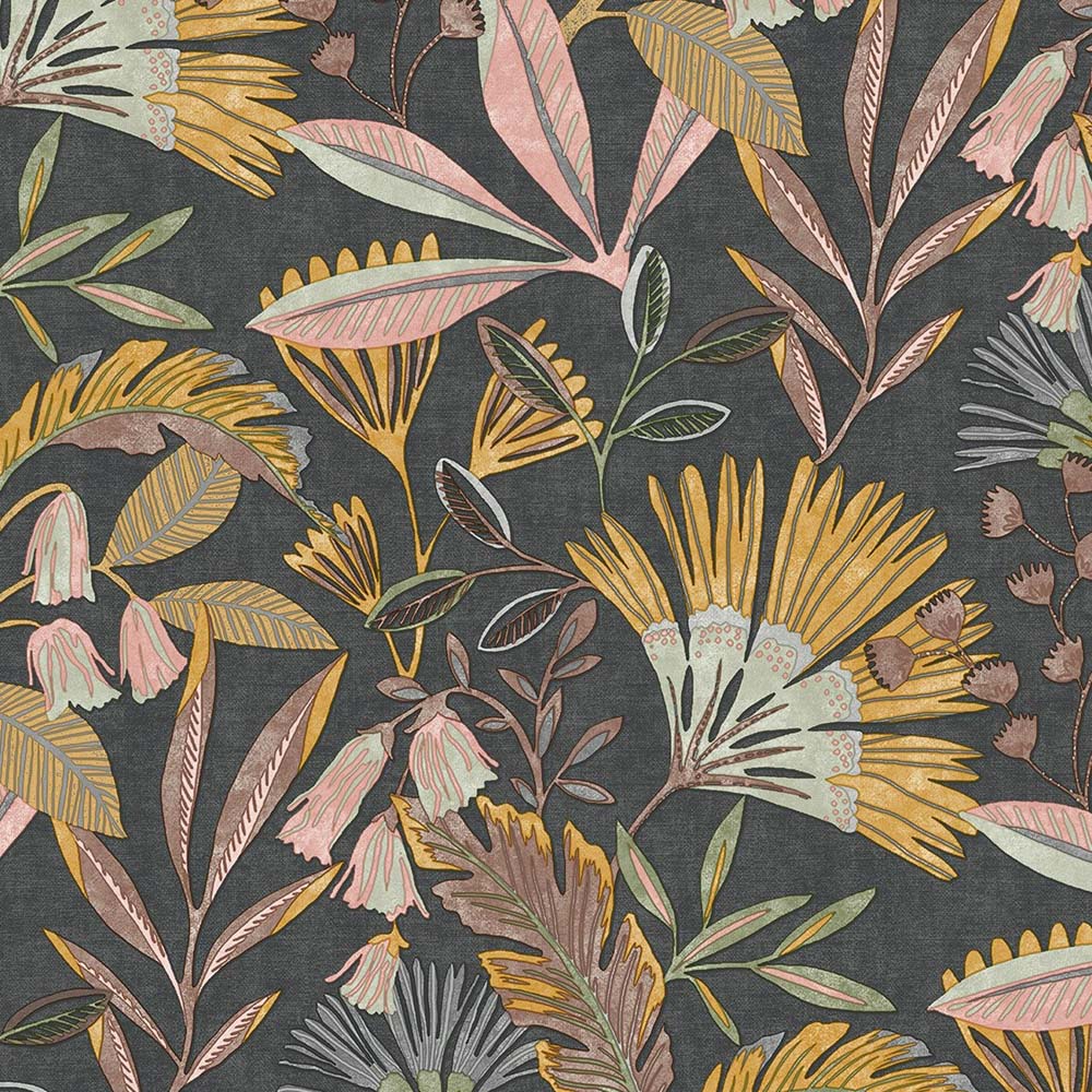 Grandeco Matisse Tropical Leaves Black and Pink Textured Wallpaper Image 1