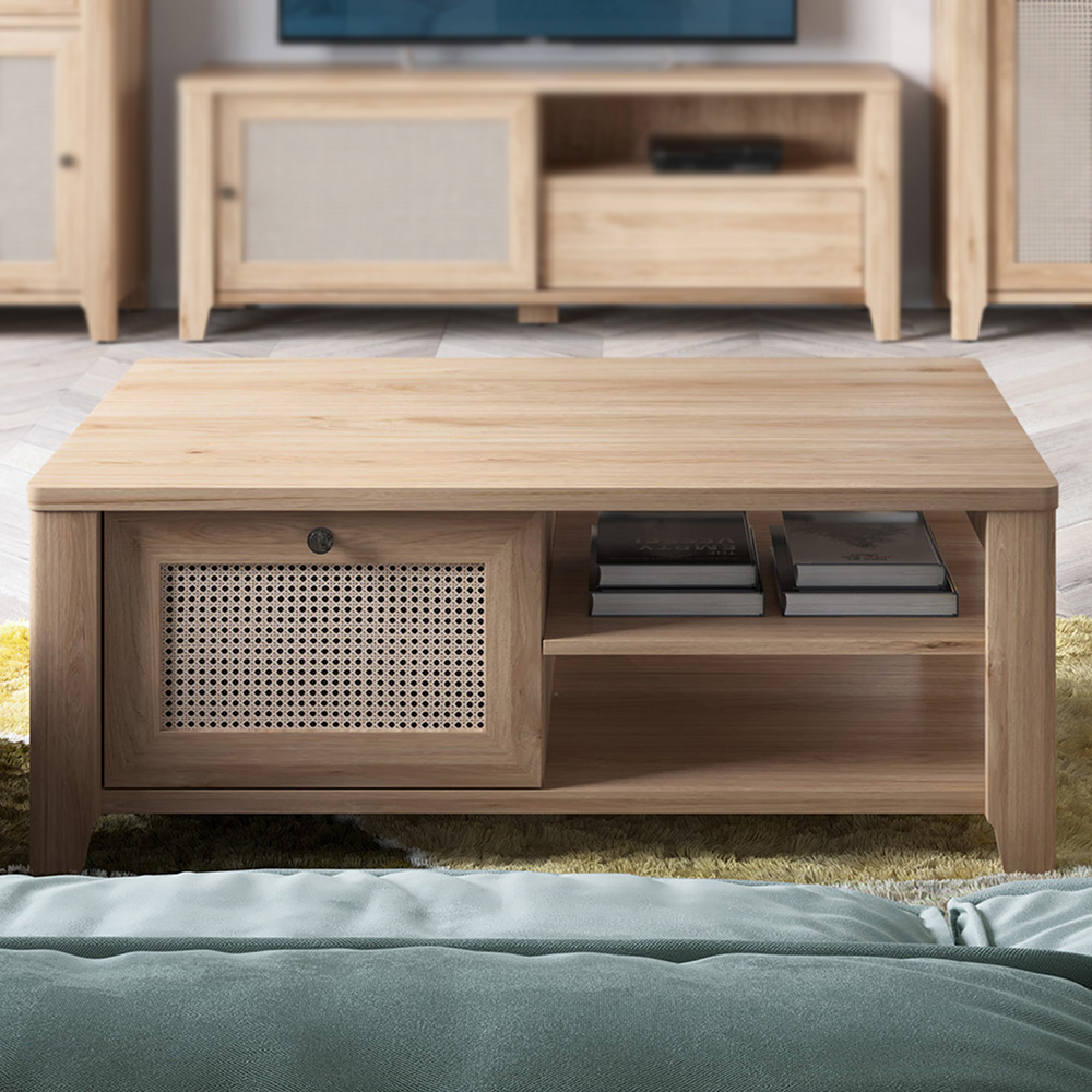 Florence Cestino Single Drawer Oak and Rattan Effect Coffee Table Image 1
